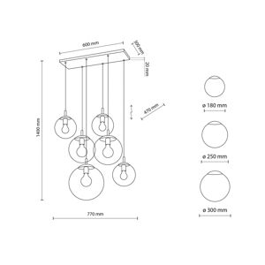 TK Lighting Závěsné svítidlo Esme, sklo, grafitově průhledné, 6 světel, obdélníkové